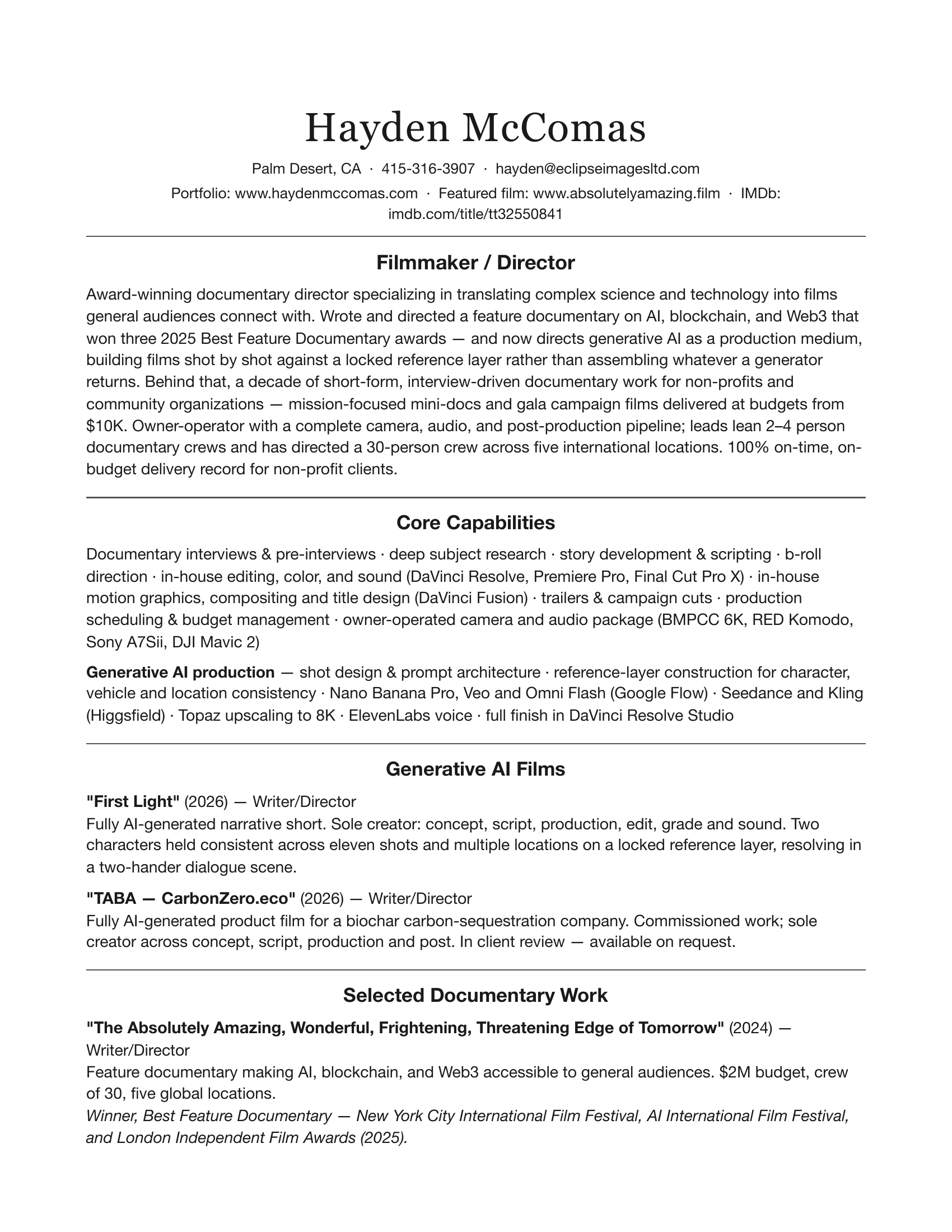 Hayden McComas resume, page 1 of 2